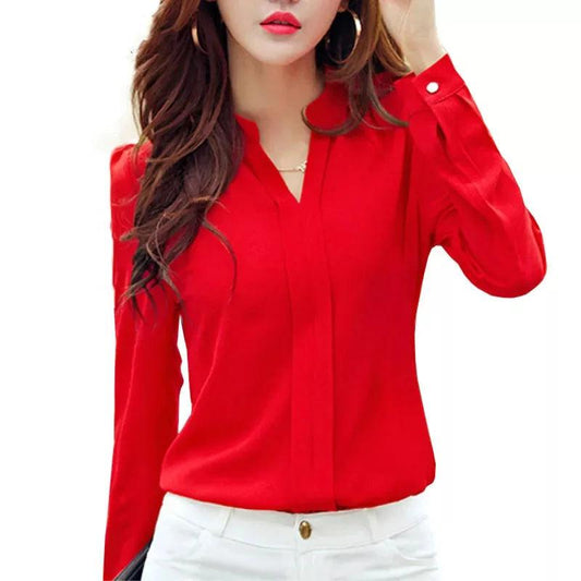 Long Sleeve Shirt Women Autumn Clothing Fashion Slim Chiffon Blouse V Neck Korean Elegant Ladies Office Shirts White Red DF2324 - MauBai