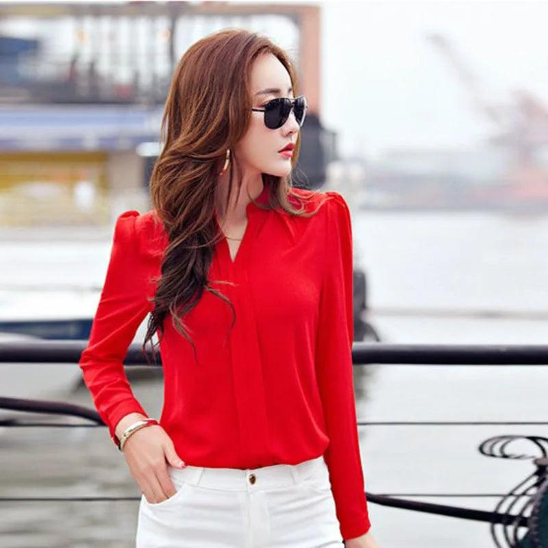 Long Sleeve Shirt Women Autumn Clothing Fashion Slim Chiffon Blouse V Neck Korean Elegant Ladies Office Shirts White Red DF2324 - MauBai