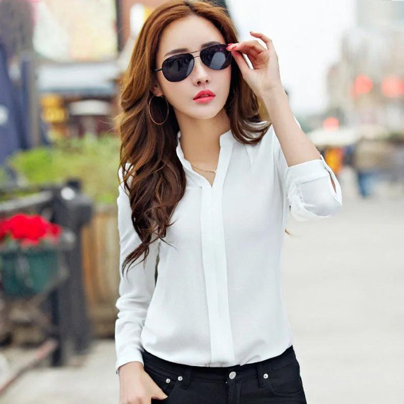 Long Sleeve Shirt Women Autumn Clothing Fashion Slim Chiffon Blouse V Neck Korean Elegant Ladies Office Shirts White Red DF2324 - MauBai