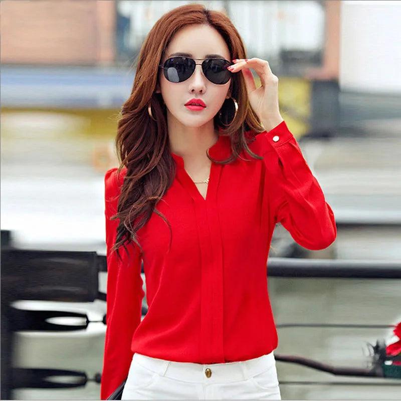 Long Sleeve Shirt Women Autumn Clothing Fashion Slim Chiffon Blouse V Neck Korean Elegant Ladies Office Shirts White Red DF2324 - MauBai