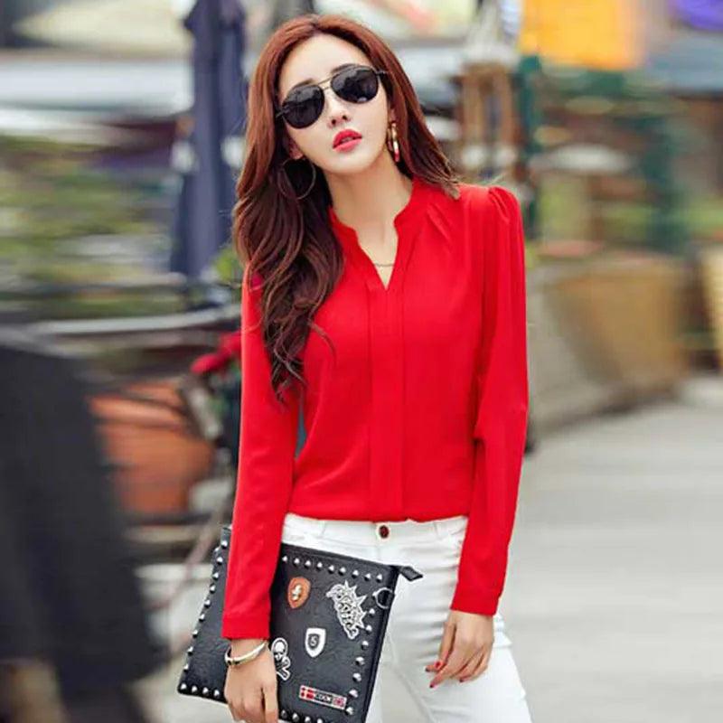 Long Sleeve Shirt Women Autumn Clothing Fashion Slim Chiffon Blouse V Neck Korean Elegant Ladies Office Shirts White Red DF2324 - MauBai