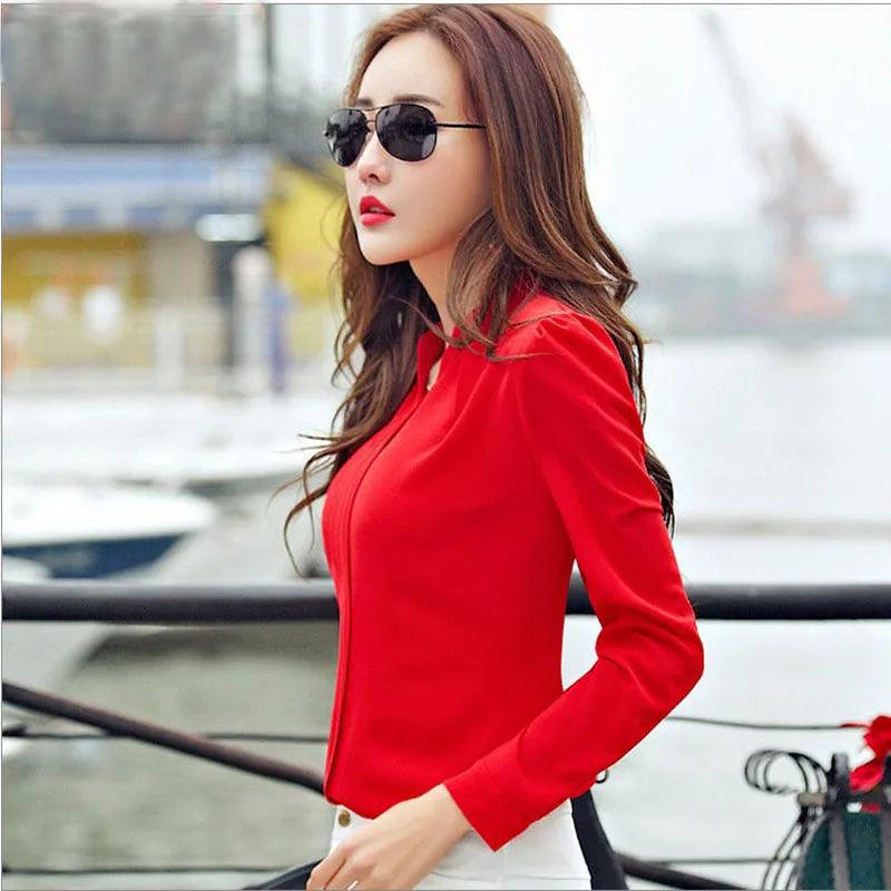 Long Sleeve Shirt Women Autumn Clothing Fashion Slim Chiffon Blouse V Neck Korean Elegant Ladies Office Shirts White Red DF2324 - MauBai