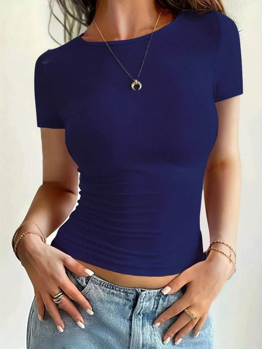 Womens Basic T-Shirts Scoop Neck Short Sleeve Crop Tops Cute Summer Tops Slim Fit Tees Y2k Clothing 2024