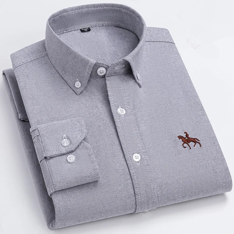 100% Cotton Oxford Man Leisure Embroidered Horse Shirts Streetwear Oversized Men Shirt Floral Long Sleeve Casual Plus Size