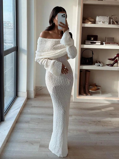 Tossy Knit Hollow Out Off-Shoulder Maxi Dress Female Cover up See-Through Sleeve Holiday Beach Party Dress Women Knitwear Dress - MauBai