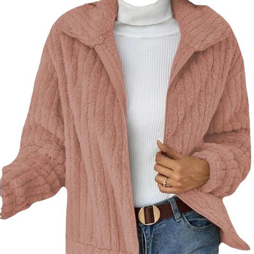 Women Fleece Basic Jacket Casual Female Turn Down Collar Teddy Pit Warm Zip Up Short Coats FYY-90089