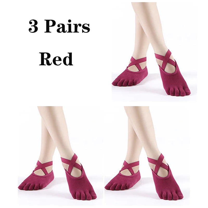 3 Pairs Non-slip Yoga Socks For Women Low-Ankle Pilates Socks Fingers Backless Bandage Solid Color Five Toe Floor Sport Socks