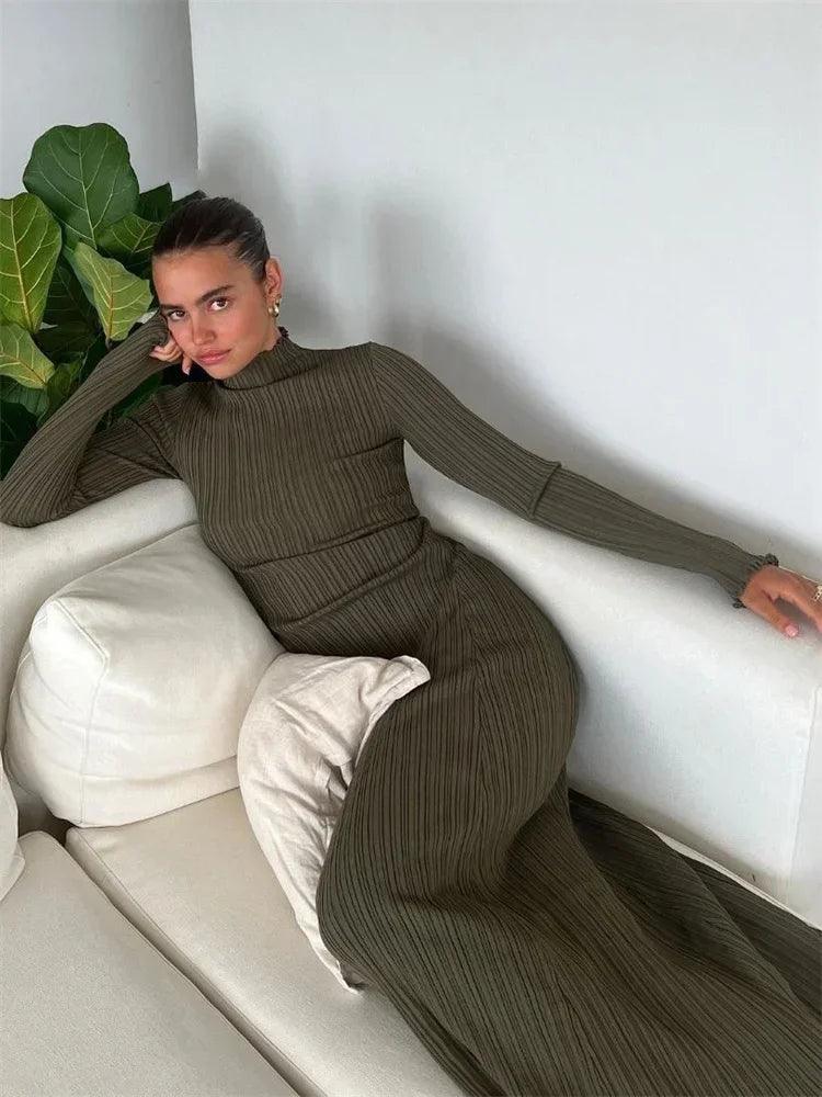 Tossy Autumn Ruffled Knitwear Long Dress Female Long Sleeve Loose Ribbed High Waist Maxi Dress Streetwear Knit Solid Women Dress - MauBai