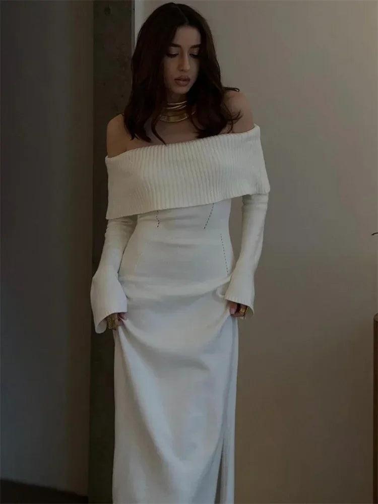 Tossy White Autumn Knit Sweater Long Dress Women Ribbed High Waist Fashion Off-Shoulder Loose Party Dress Female Knitwear Dress - MauBai