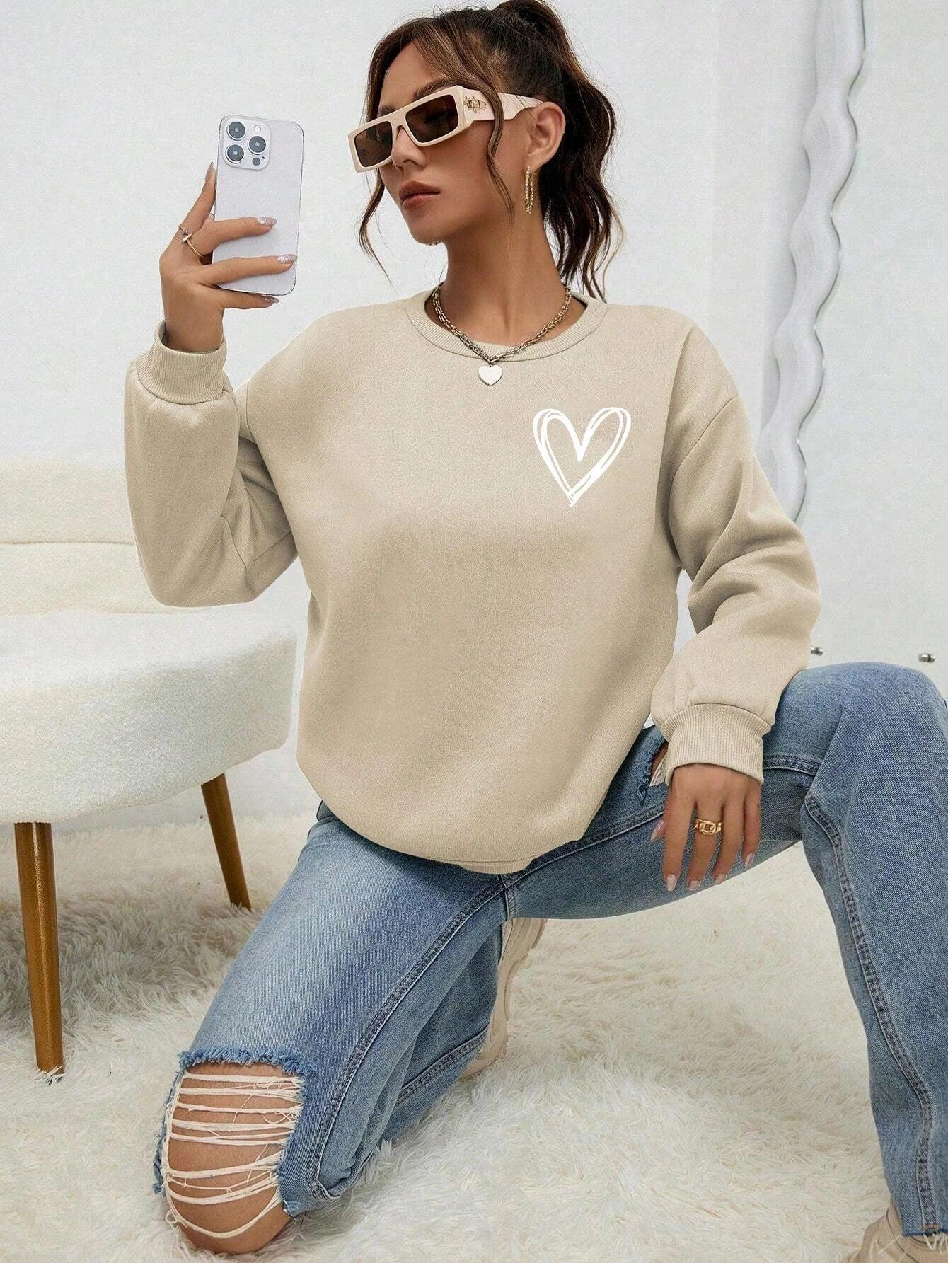 Simple Heart Pattern Printing Sweatshirts For Womens Casual Comfortable Crewneck Hoodies Loose Fleece Warm Sportswear Clothes - MauBai