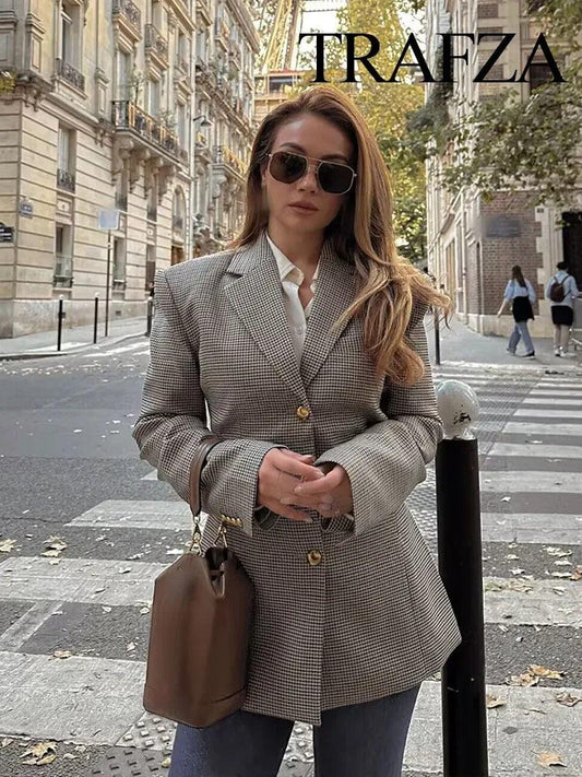 TRAFZA Women Fashion Jackets Khaki Houndstooth Turn-Down Collar Long Sleeves Single-Breasted Female Spring Streetwear Blazers - MauBai