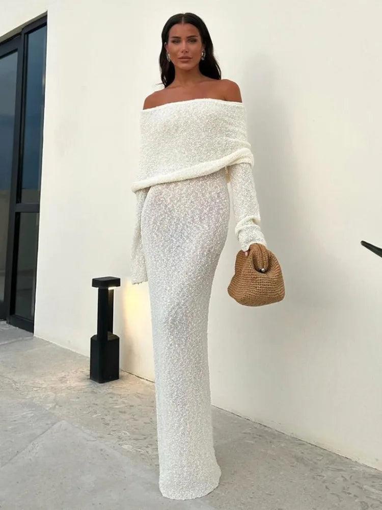 Tossy Knit Hollow Out Off-Shoulder Maxi Dress Female Cover up See-Through Sleeve Holiday Beach Party Dress Women Knitwear Dress - MauBai