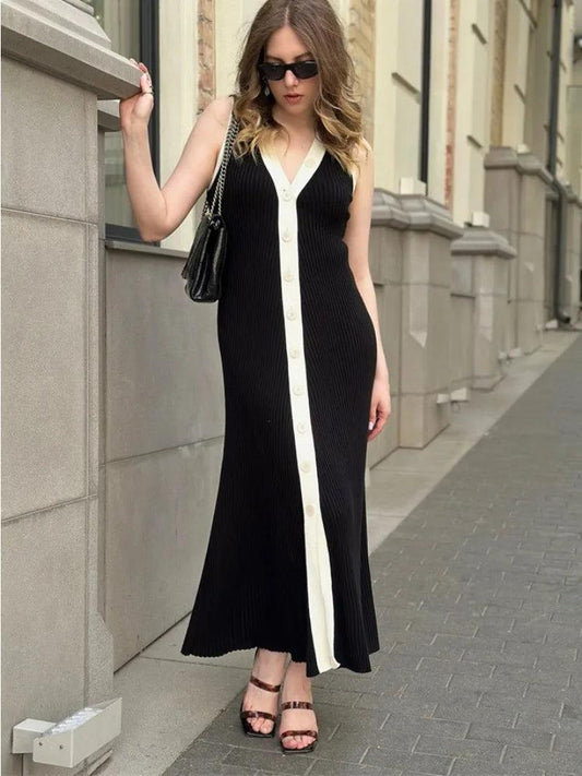 Tossy Knit Cardigan Maxi Dress Women's Summer V-Neck Contrast Sleeveless Ribbed Fashion Elegant Dress Female Knitwear Long Dress - MauBai