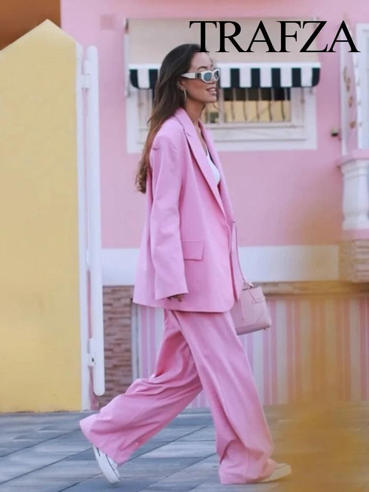 TRAFZA Women Pink Blazer Suit Turn-Down Collar Long Sleeves Pocket Lace-Up Blazers Top+Fashion High Waist Zipper Wide Leg Pant - MauBai