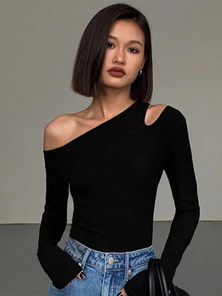 Fashion Skew Collar Off-shoulder Long-sleeved T-shirts Women Spring 2025 New Solid Slim Fit Crop Top Sexy Hollow Out Tees Shirts