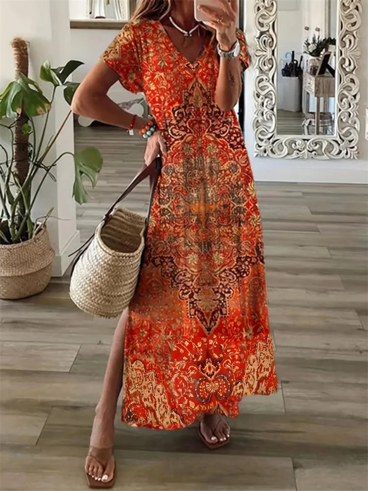 Women's Dresses Summer Ladies Textured Printed Evening Fashion Splicing V Neck Loose Bohemian Resort Split Long Dress Basic