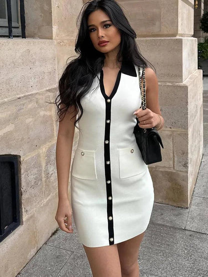 Tossy White Knitted Elegant Mini Dress Women's Casual Lapel Contrast Color Hip Cover Sexy Slim Waist Evening Female Mini Dress - MauBai