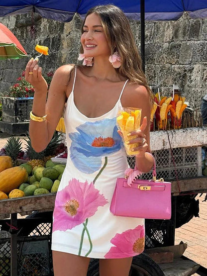 Tossy Knitted Printed Backless Mini Dress Women's Summer Floral Sleeveless Slim High Waist Color Block Beach Vacation Mini Dress - MauBai