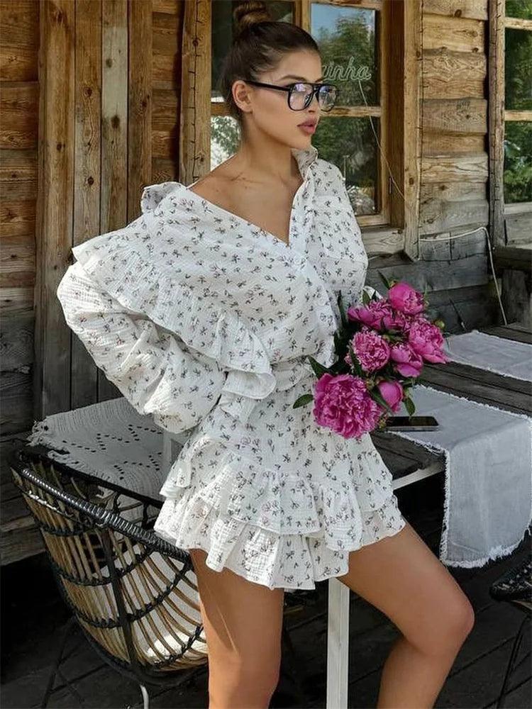 Tossy Ruffled Printed Patchwork 2 Piece-Set Female Lace-Up Long Sleeve Cardigan And High Waist Shorts Sets Ladies OOutfits 2025 - MauBai