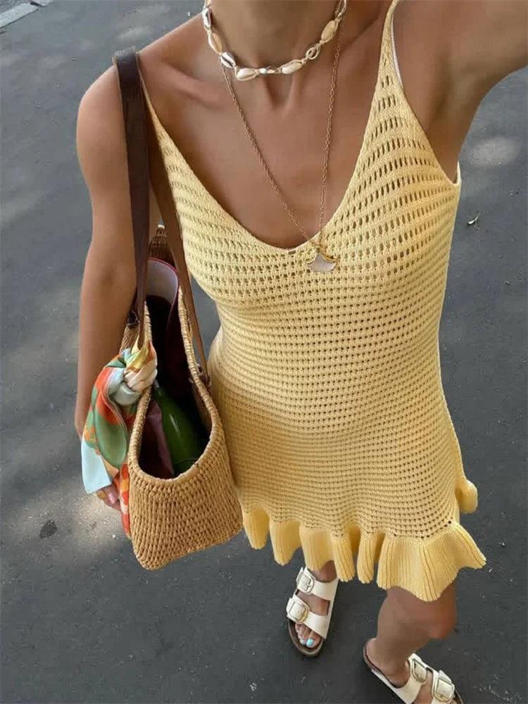 Tossy Knit Ruffled Hollow Out Mini Dress Female V-Neck See-Through Holiday Beach Casual Clothes Summer Women's Knitwear Dress - MauBai