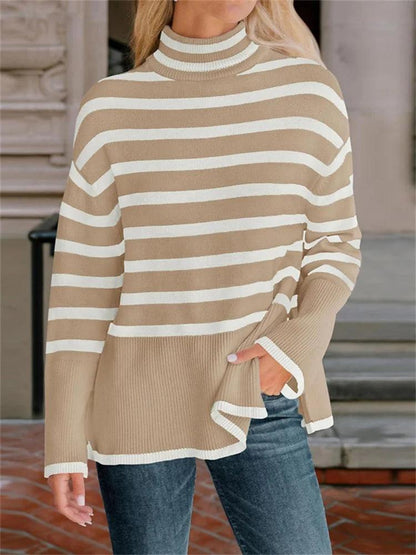 Tossy Winter Women’s Long Sleeves Knit Sweater Turtleneck Striped Print Loose Pullover Tops 2023 New Autumn Oversized Sweater - MauBai