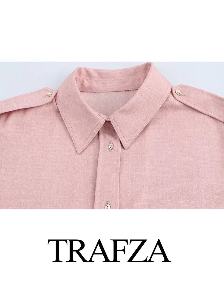 TRAFZA Women's Fashion Suit Pink Turn-Down Collar Long Sleeve Single Breasted Shirts+High Waist Long Pants Female Spring Sets - MauBai