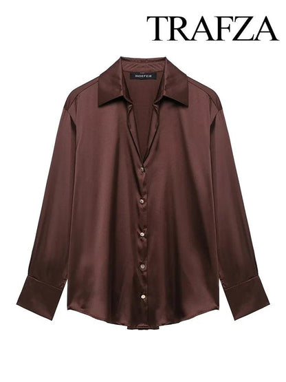 TRAFZA Women Spring Fashion Shirt Satin Texture Loose Single-breasted Women Casual Lapel Solid Long-sleeved Commuter Top - MauBai