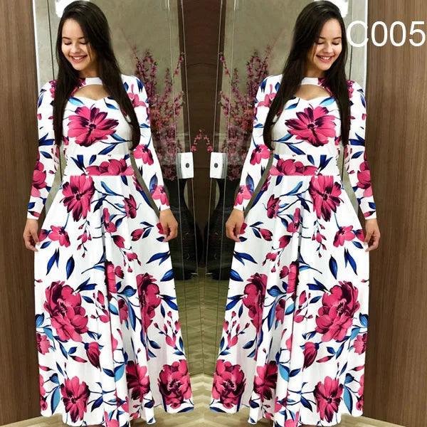 Spring /Autumn Fashion Flower Long Sleeved O-Neck Hollow Slim Fit Dress Women Elegant Long Vestido Maxi Clothes Robe Sexy Femme - MauBai