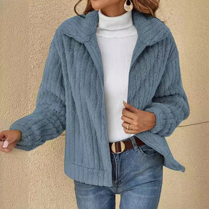 Women Fleece Basic Jacket Casual Female Turn Down Collar Teddy Pit Warm Zip Up Short Coats FYY-90089