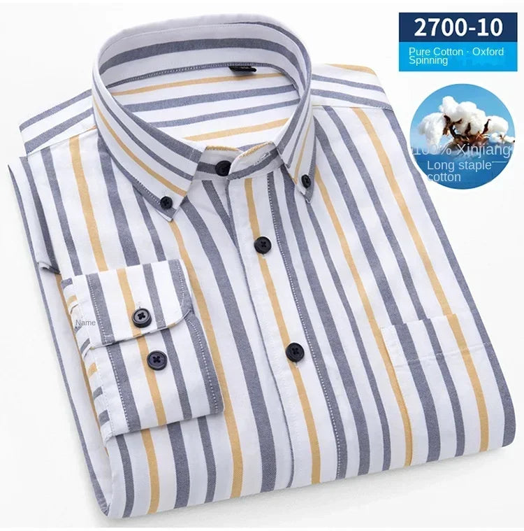 Plus size new cotton Oxford shirt men's long sleeve leisure business striped enzyme washed shirt men's tide, men dress shirt ,