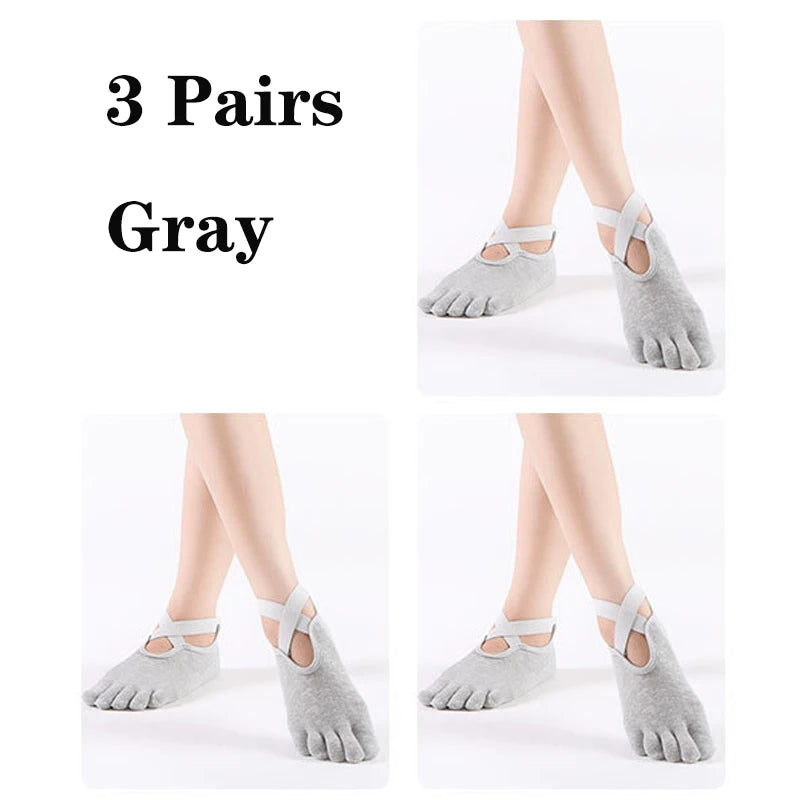 3 Pairs Non-slip Yoga Socks For Women Low-Ankle Pilates Socks Fingers Backless Bandage Solid Color Five Toe Floor Sport Socks