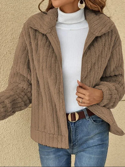 Women Fleece Basic Jacket Casual Female Turn Down Collar Teddy Pit Warm Zip Up Short Coats FYY-90089