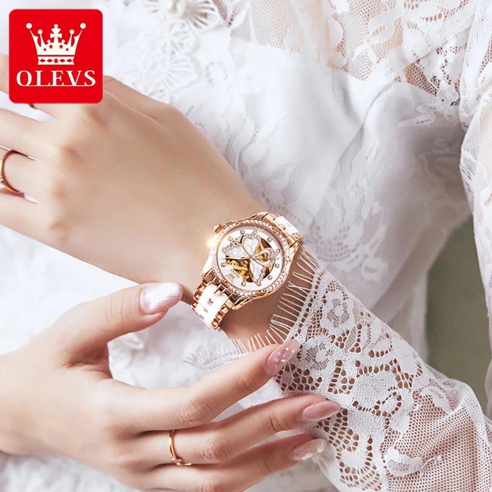 OLEVS 6622 Butterfly Dial Luxury Mechanical Watch For Women Hollow Ceramic Strap Wristwatch Waterproof Original Woman Watches