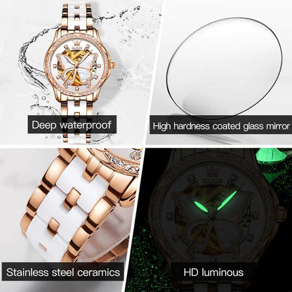 OLEVS 6622 Butterfly Dial Luxury Mechanical Watch For Women Hollow Ceramic Strap Wristwatch Waterproof Original Woman Watches