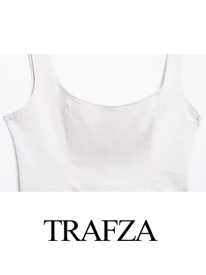 TRAFZA Women Summer High Street Pleated Dress Woman Fashion Square Collar Belt Decorate Sleeveless Zipper Mini Sling Dresses