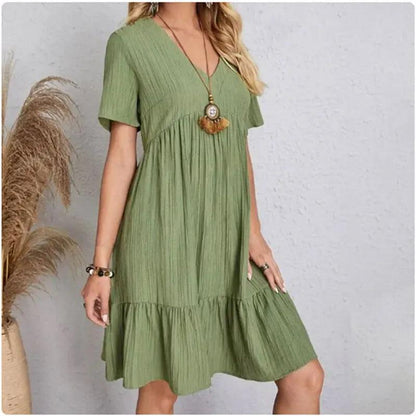 Women Summer Peplum Dresses Spring V-Neck Short Sleeve Loose Waist Ruffle Fit Flare Vocation Dresses - MauBai