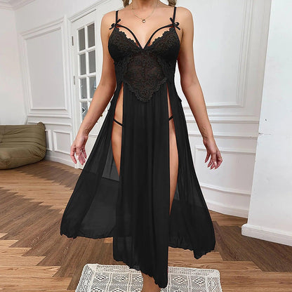 Plus Size Sexy Mesh Deep V Lace Nightgown Side Slit Maxi Lingerie Set Sexy Women'S Underwear Set Sexy Lingerie Set