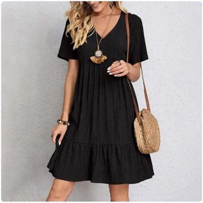 Women Summer Peplum Dresses Spring V-Neck Short Sleeve Loose Waist Ruffle Fit Flare Vocation Dresses - MauBai