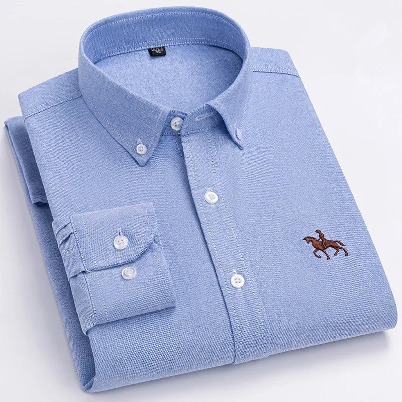 100% Cotton Oxford Man Leisure Embroidered Horse Shirts Streetwear Oversized Men Shirt Floral Long Sleeve Casual Plus Size