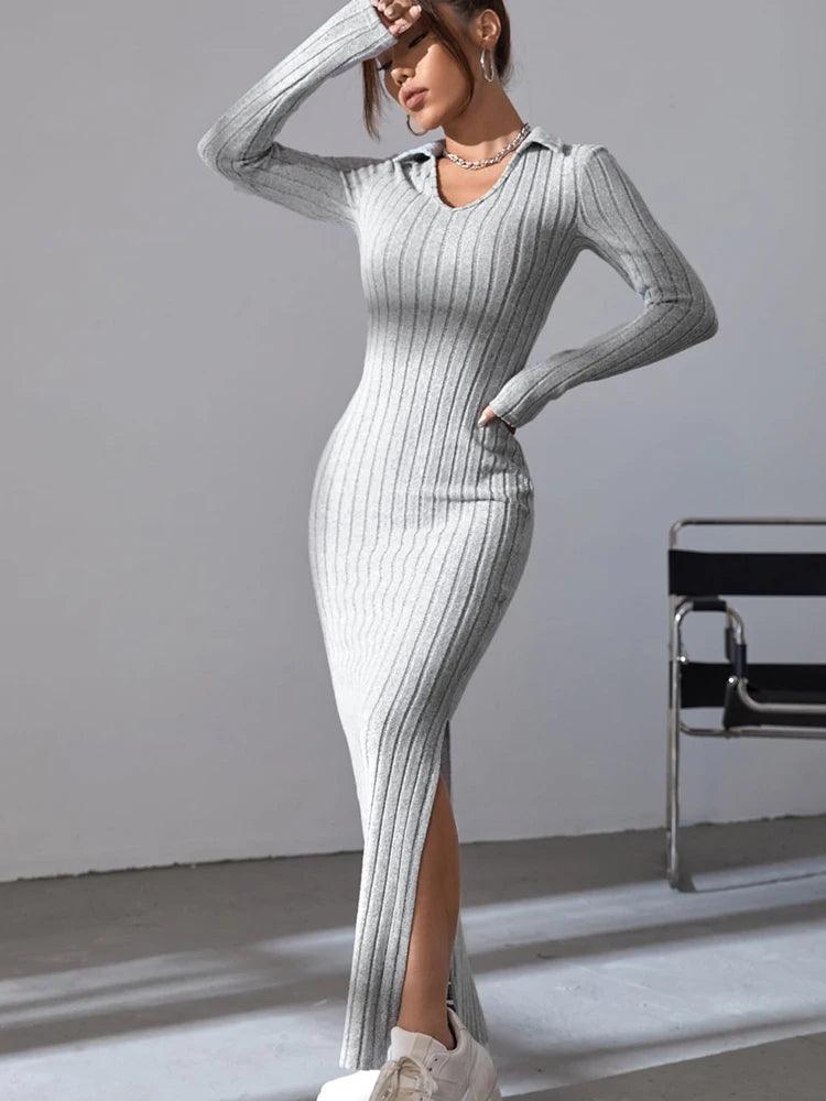 Women sexy knit V-neck reverse neck split dress autumn winter full sleeve elastic basic body sweater - MauBai