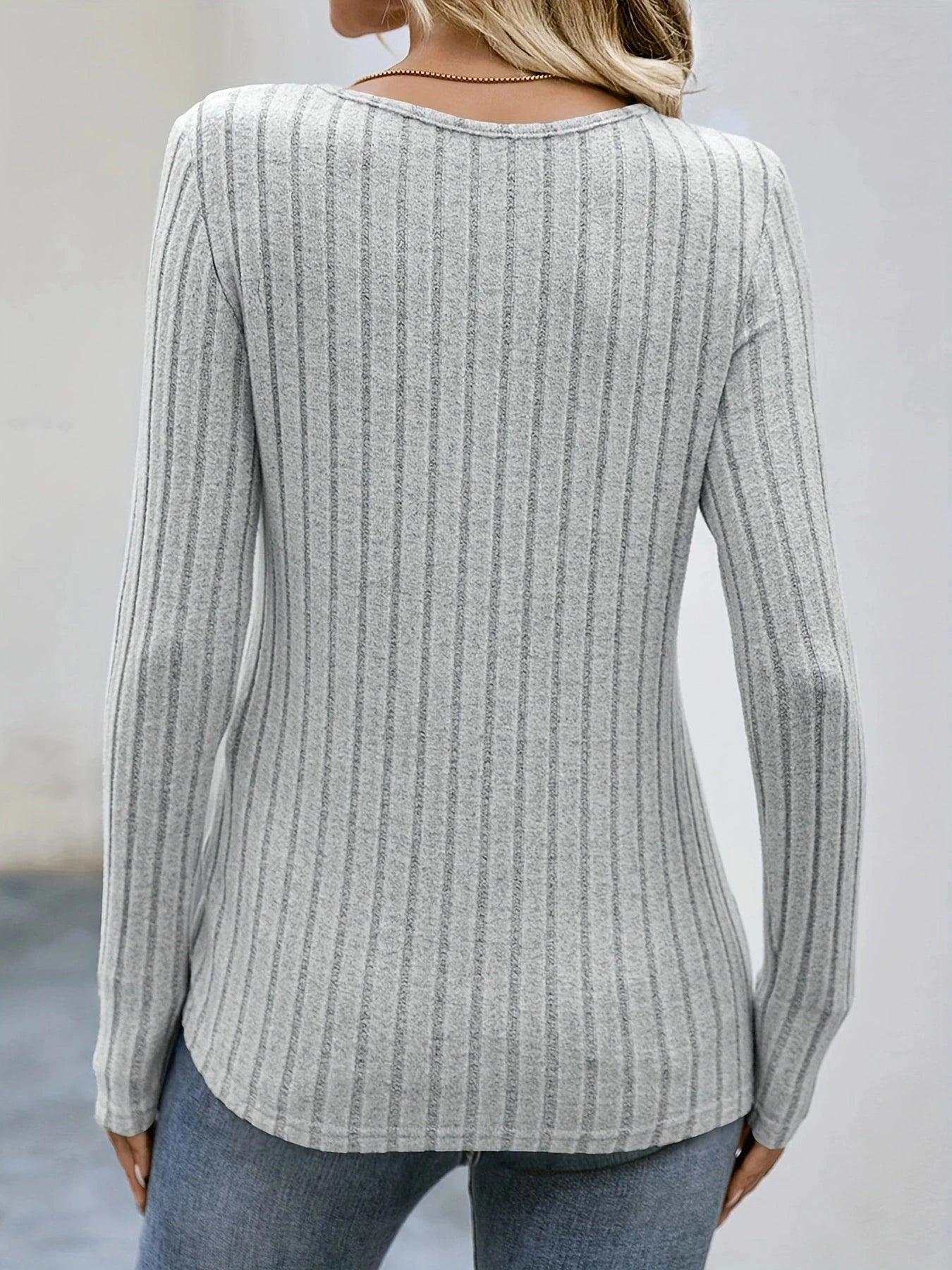 Square Neck Solid Ribbed Button DecorT-Shirt, Casual Long Sleeve Top For Spring & Fall, Women's Clothing - MauBai