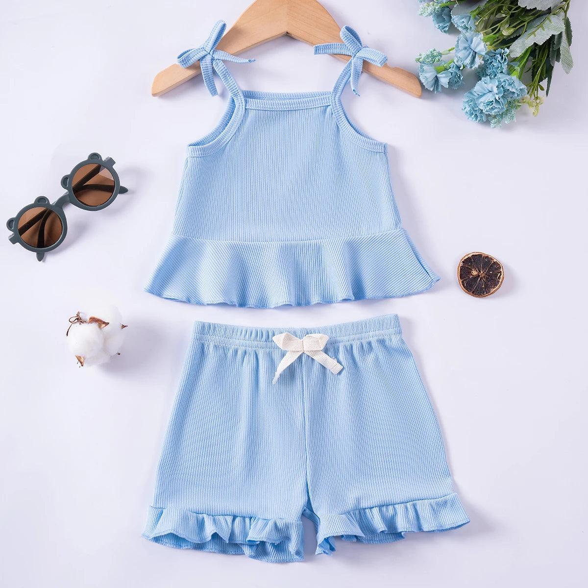 2024 Baby Girls Summer Set Toddler Thin Ruffle Edge Sling+Comfortable Ruffle Edge Shorts 2-piece Set for Outgoing or Party Wear