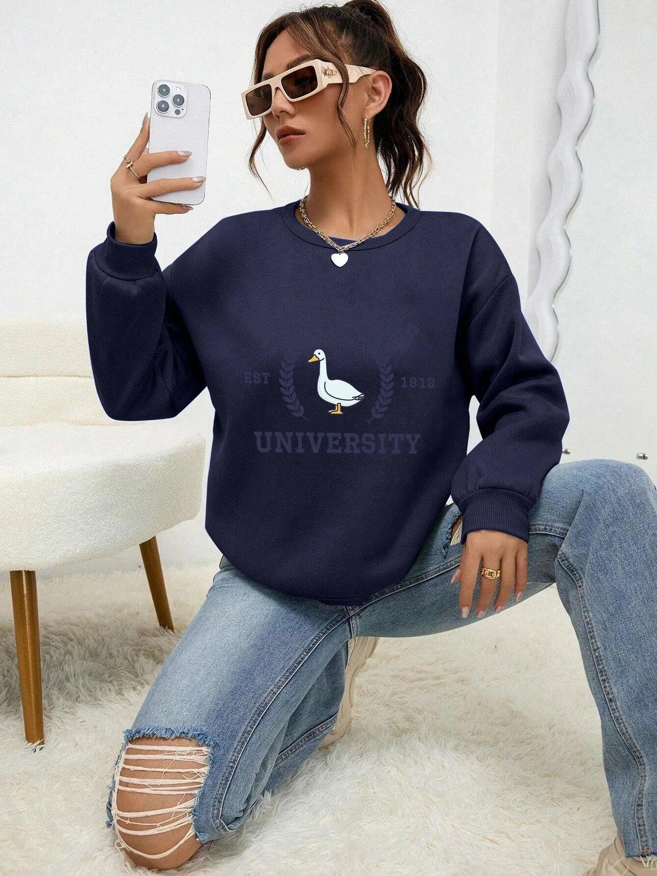 Silly Goose University Est 1918 Printde Woman Sweatshirt Casual Soft Clothing Loose Trendy Pullovers Autumn Crewneck Tops - MauBai