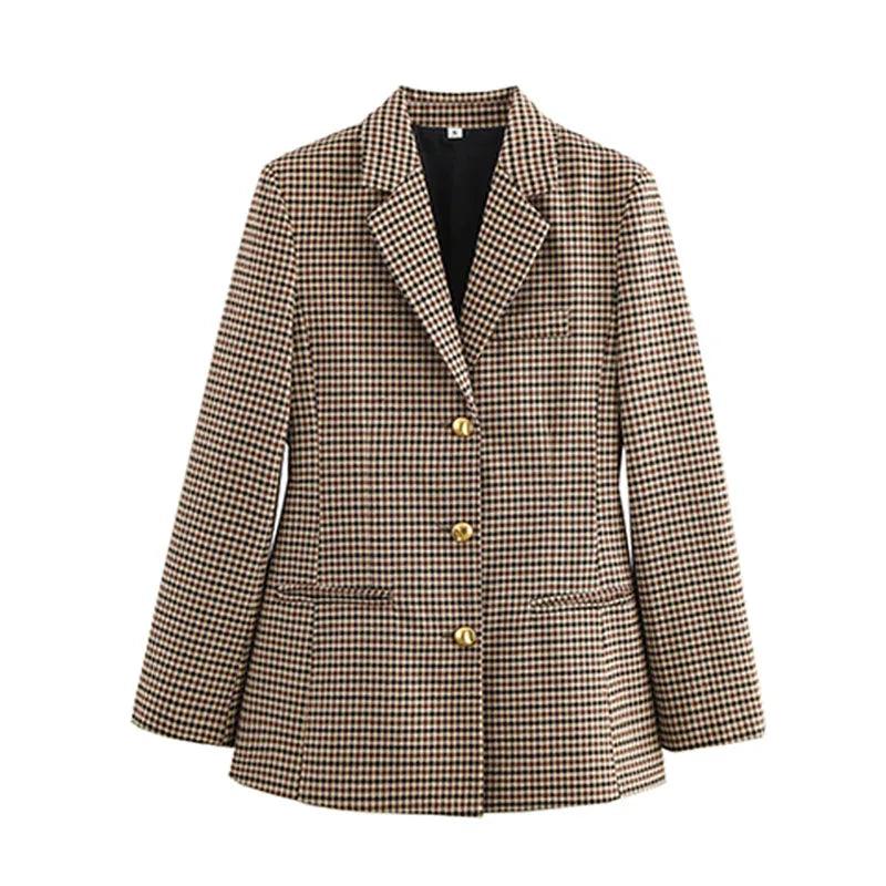 TRAFZA Women Fashion Jackets Khaki Houndstooth Turn-Down Collar Long Sleeves Single-Breasted Female Spring Streetwear Blazers - MauBai