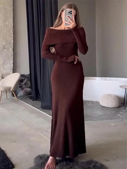 Tossy Fashion Knit Long Dress Off-Shoulder Female Ribbed Loose High Waist Elegant Autumn Party Dress Ladies Knitwear Maxi Dress - MauBai