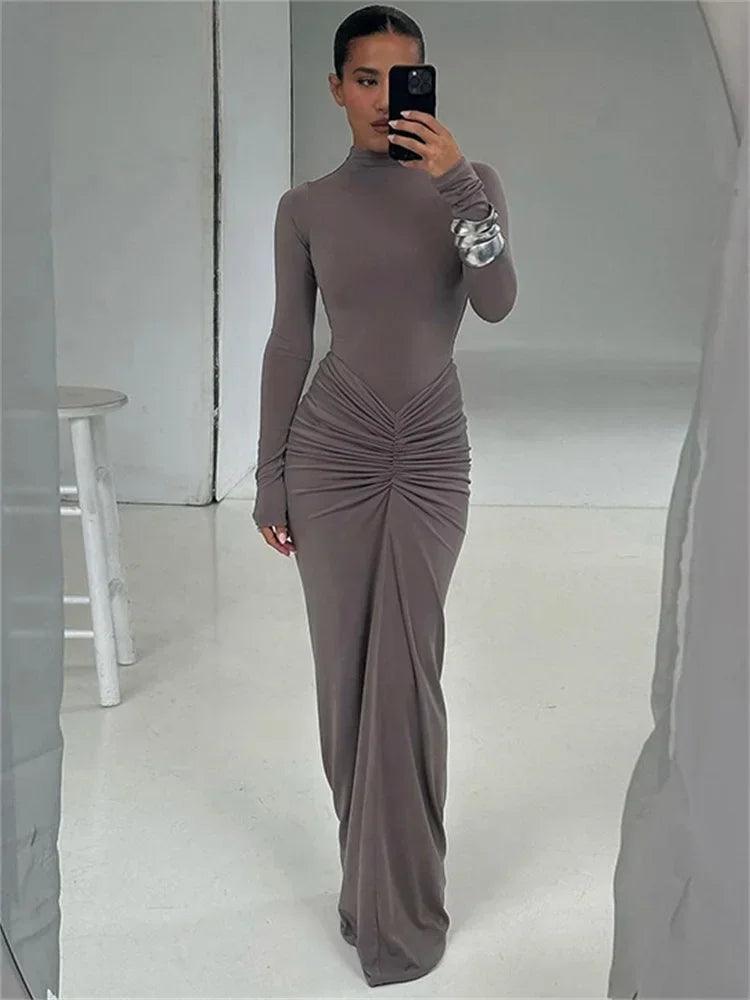 Tossy Pleated Fashion Patchwork Long Dress Women's High Waist Long Sleeve Solid Slim Party Dress Summer 2024 Female Maxi Dress - MauBai