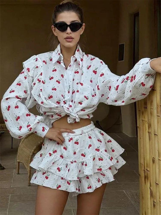 Tossy Ruffled Printed Patchwork 2 Piece-Set Female Lace-Up Long Sleeve Cardigan And High Waist Shorts Sets Ladies OOutfits 2025 - MauBai