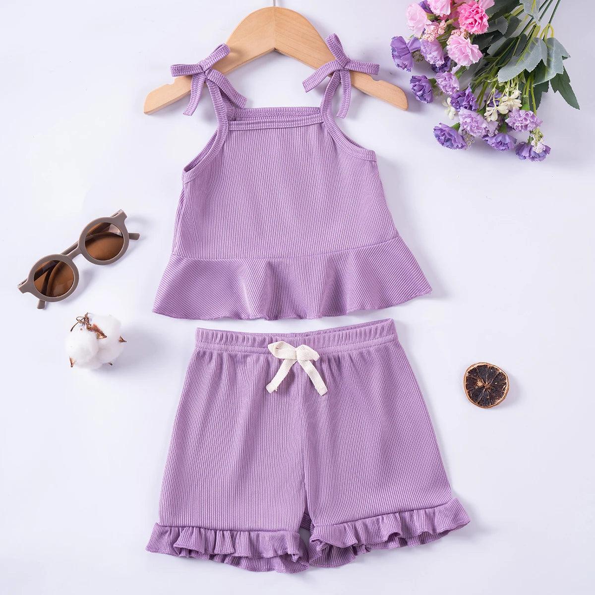 2024 Baby Girls Summer Set Toddler Thin Ruffle Edge Sling+Comfortable Ruffle Edge Shorts 2-piece Set for Outgoing or Party Wear