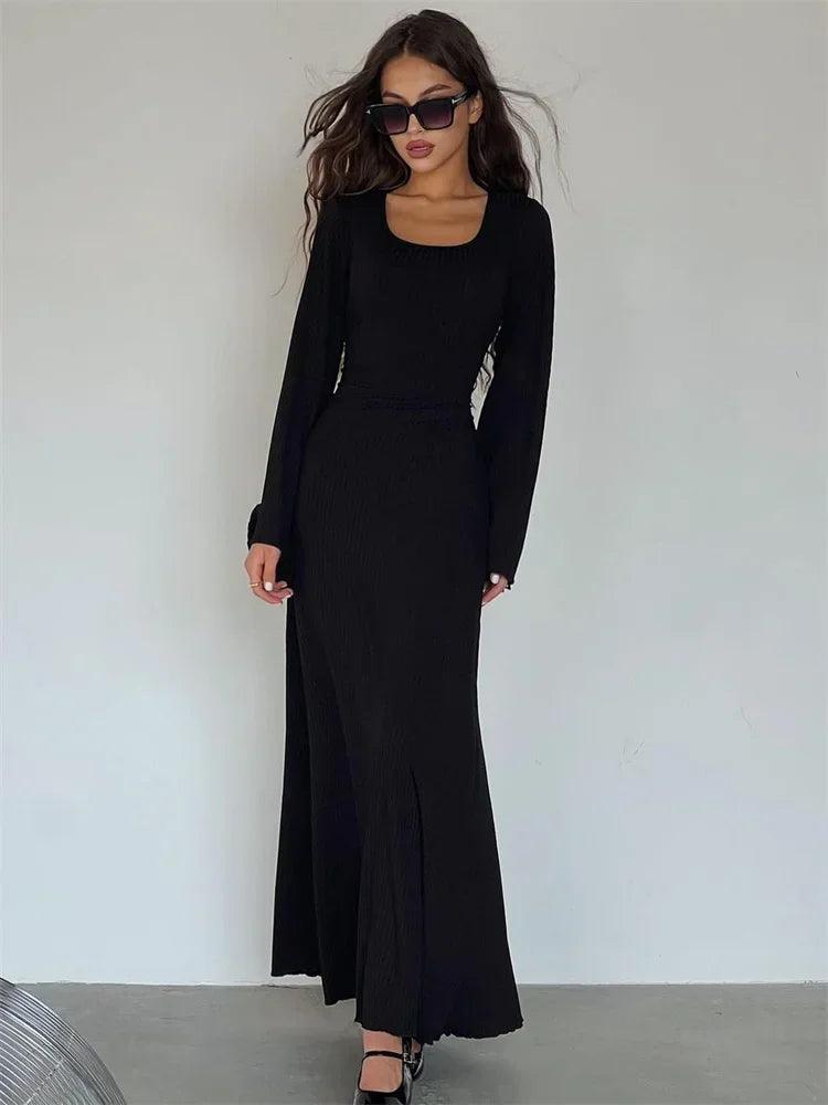 Tossy Scoop Neck Lace-Up Ribbed Maxi Dress Female Long Sleeve Fashion Slim Loose Bandage Dress Autumn 2023 Solid Women Dress New - MauBai