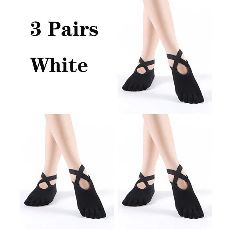 3 Pairs Non-slip Yoga Socks For Women Low-Ankle Pilates Socks Fingers Backless Bandage Solid Color Five Toe Floor Sport Socks